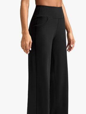 SOFT Wide Leg Pants Women High-Waisted Black Pants w/Pockets 28" Petite Med